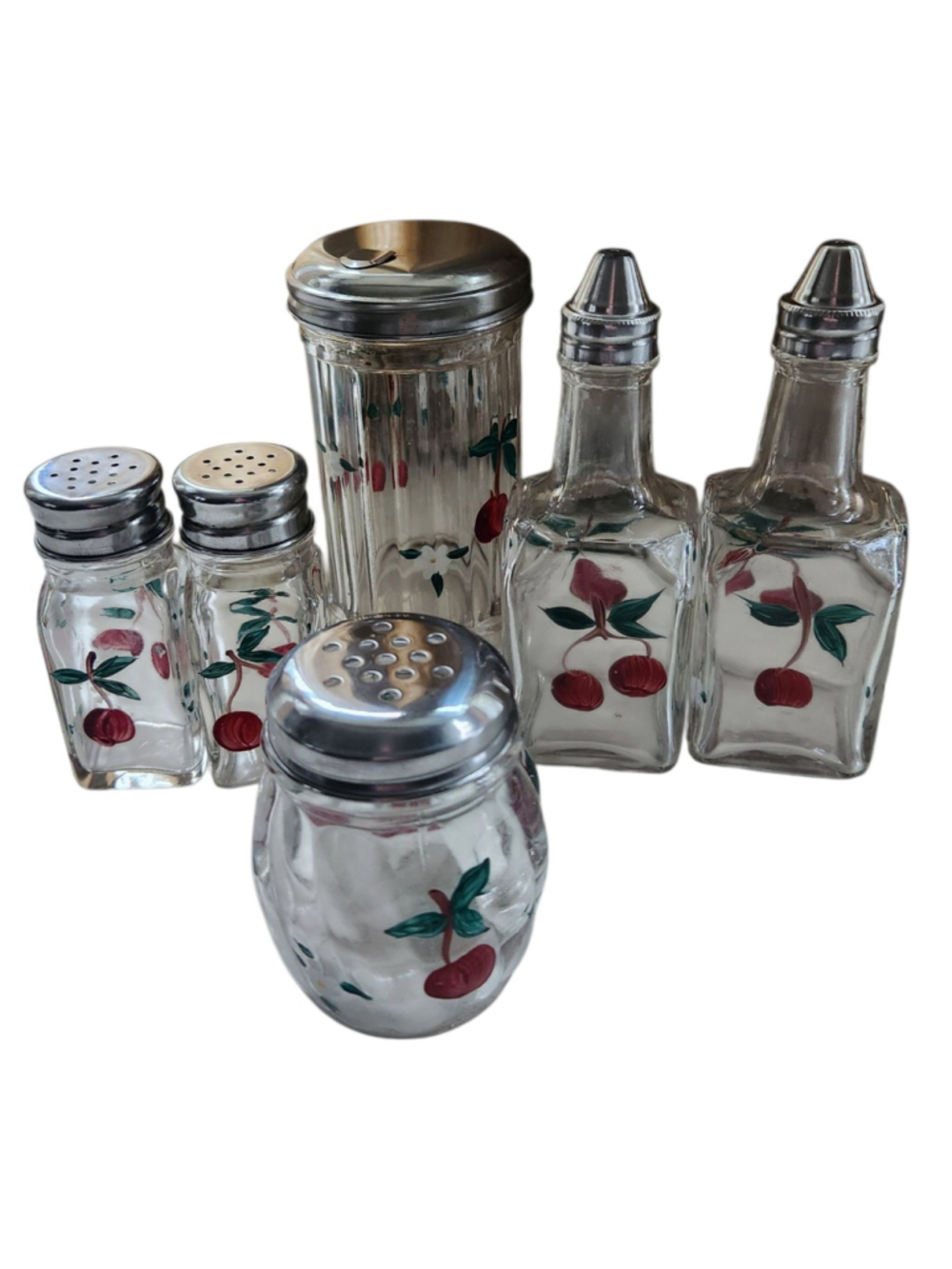 Hand Painted 6 Piece Set Cherries, Salt & Pepper Shakers, Cheese Shaker,...